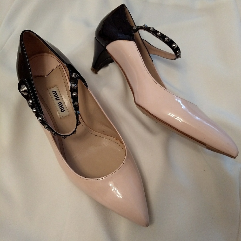 Miu Miu Pink Studded Patent Leather Mary Jane Pump